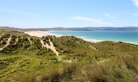 The Towans sand dunes cover an extensive area of St Ives Bay