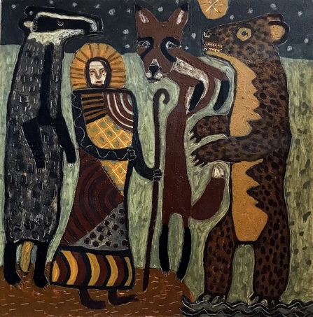 Saint Piran and his disciples, artwork by Peter Ward