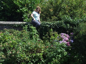 Rowena on the garden wall