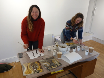 Creating art at the Dynamic Dunescapes art workshop using paint from Cornish earth pigments