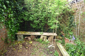 Wall and fence with plants growing up them (there is a hedgehog tunnel under the fence)