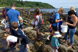 A group of people rockpooling at Gylly beach 