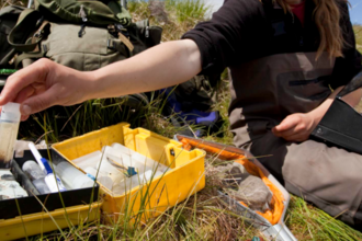 A scientist sits on grass, picking up a vial with a clipboard on their lap