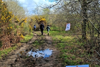 A family in the distance walking through a muddy footpath. A sign in the bottom left says 'this way' with an arrow pointing to where the family are walking