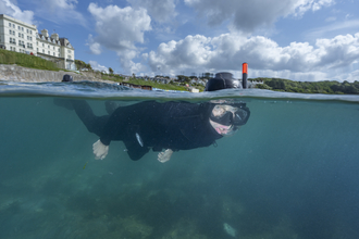 A man wearing a wetsuit is visible snorkelling underwater, with buildings visible on the horizon behind him