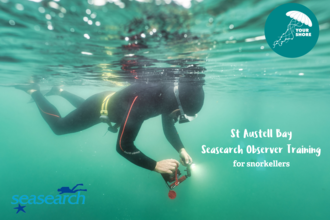 A person snorkelling with logos for Your Shore and Seasearch