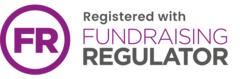 A purple circle with FR in the middle, with text on the right reading Registered with FUNDRAISING REGULATOR. Fundraising is in the same purple, while the rest of the text is grey