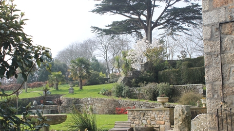 A landscape view of Trenarth gardens, featuring an assortment of trees, lawns, and stone walls.