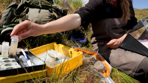 A scientist sits on grass, picking up a vial with a clipboard on their lap
