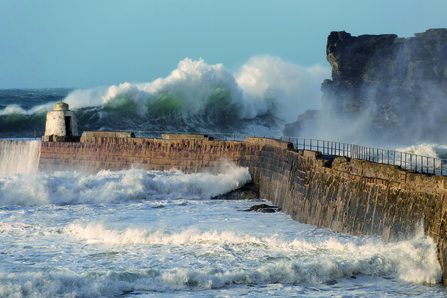 Winter waves crashing over a breakwater