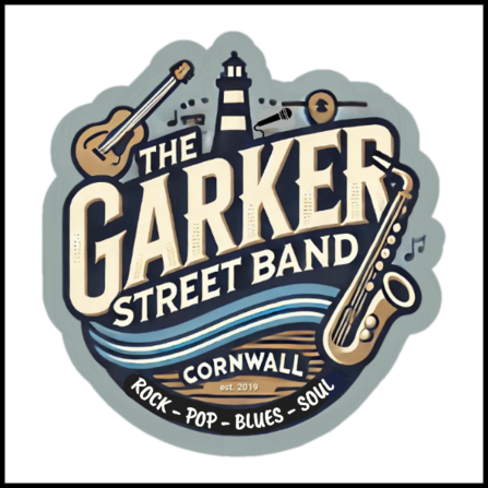 A logo for the Garker Street Band, Cornwall displaying a striped lighthouse and a saxophone in brown, black and blue colours