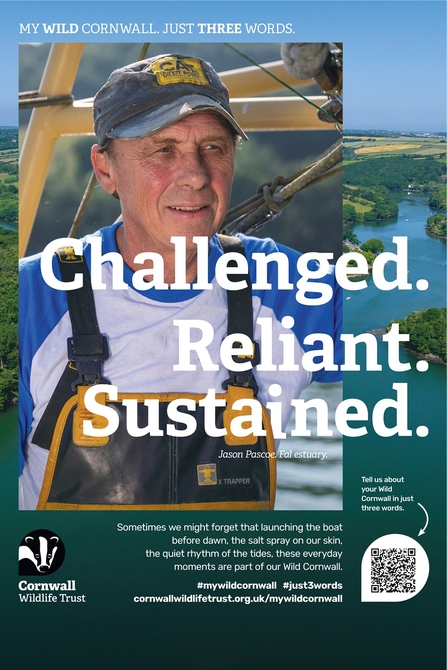 a bus stop with a fisherman and three words: Challenged, Reliant, Sustained