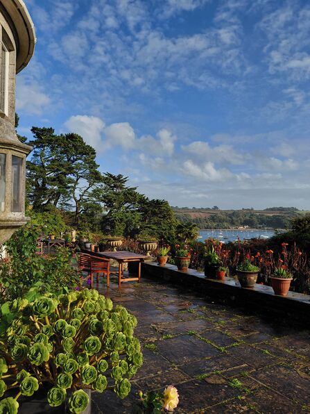 A view from the patio at Pedn Billy overlooking the garden and river