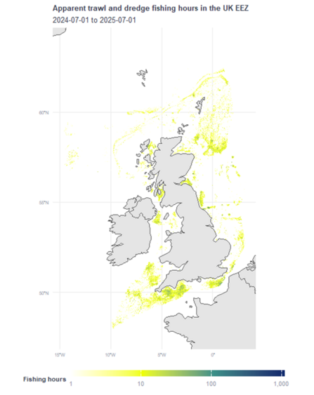 A map showing the apparent trawl and dredge fishing hours in the UK EEZ