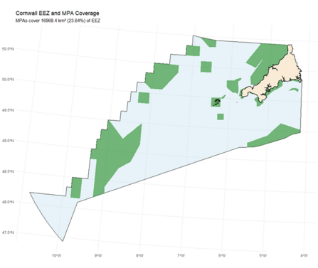 Map of Cornwall’s Exclusive Economic Zone (EEZ) with Marine Protected Areas (MPAs) in green, covering 23.64% of the zone