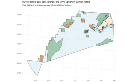 Map of Cornish waters showing bottom gear bans in orange and Marine Protected Areas in green.