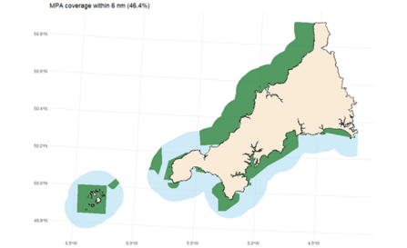 Map showing the Marine Protected Areas within 6 nautical miles on Cornwall