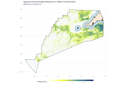 A map showing the apparent trawl and dredge fishing in offshore Cornish waters