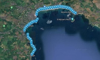 A map showing the seagrass survey sections completed by Mounts Bay Marine Group. The map shows pins along the coast between Mousehole and Cudden Point