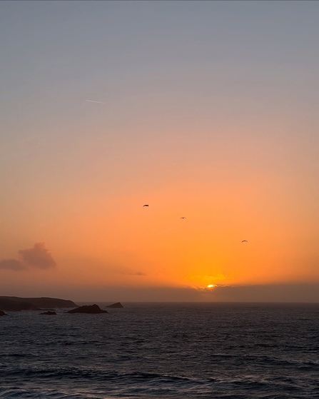 Sunset over the sea, cliffs visible to the left