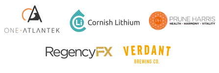 A series of logos for businesses supporting Tor to Shore, including: One Atlantek, Cornish Lithium, Prune Harris, RegencyFX, and Verdant Brewing Co.