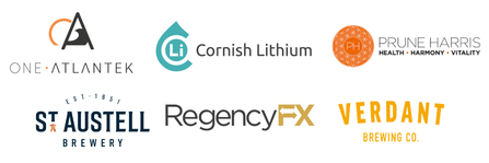Logos of businesses including One Atlantek, Cornish Lithium, Prune Harris, St Austell Brewery, Regency FX, and Verdant Brewing Company