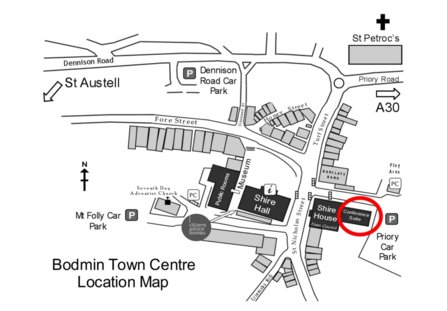 A basic black and white map of Bodmin town centre with Shire House Suite circled in red
