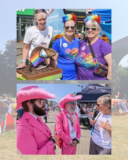 Alt text:  Two photos from an outdoor event featuring people in bright rainbow and pink outfits.