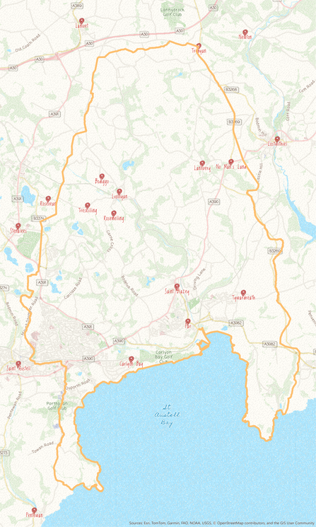 A map showing the boundary of the Tor to Shore project area