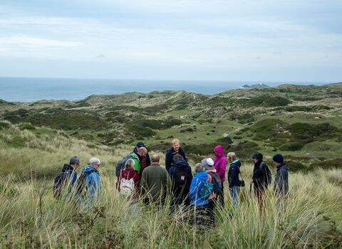 People gathered on a wildlife walk in coastal grassland.